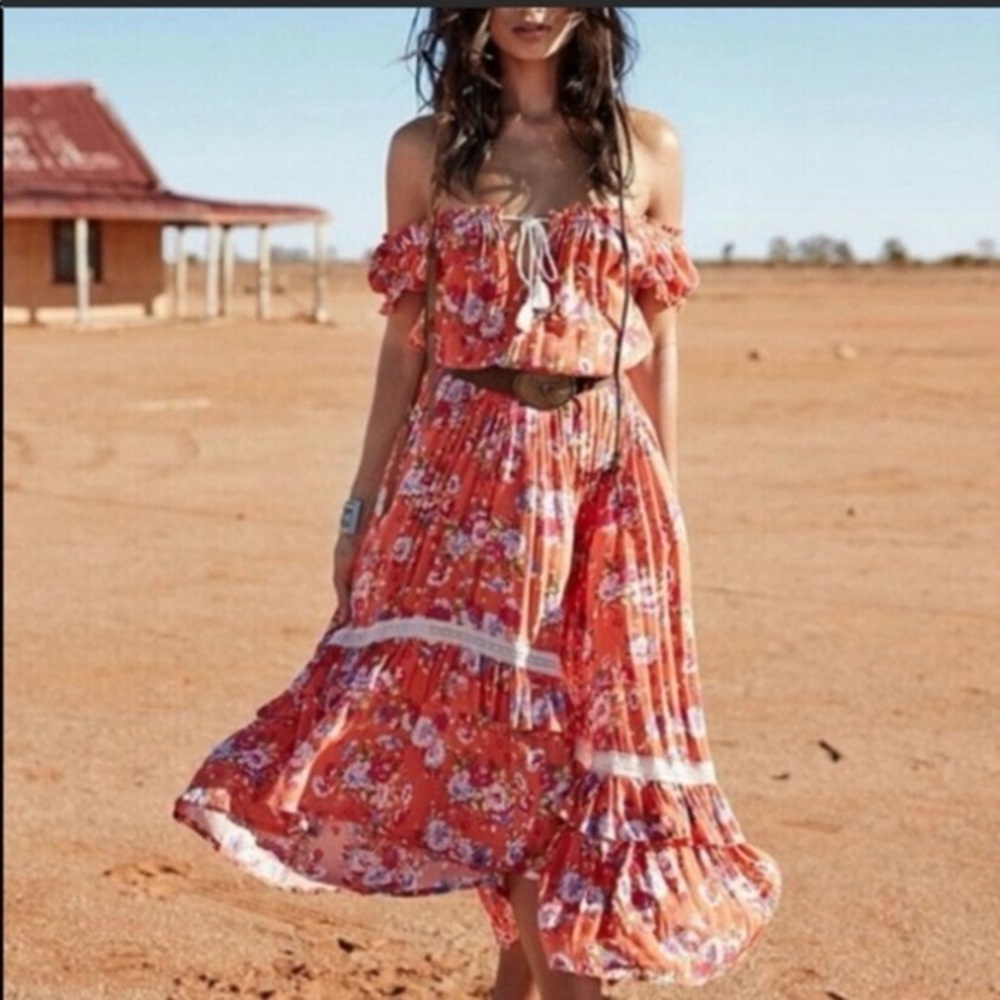 Off-Shoulder Revolver Floral Midi Dress in Coral